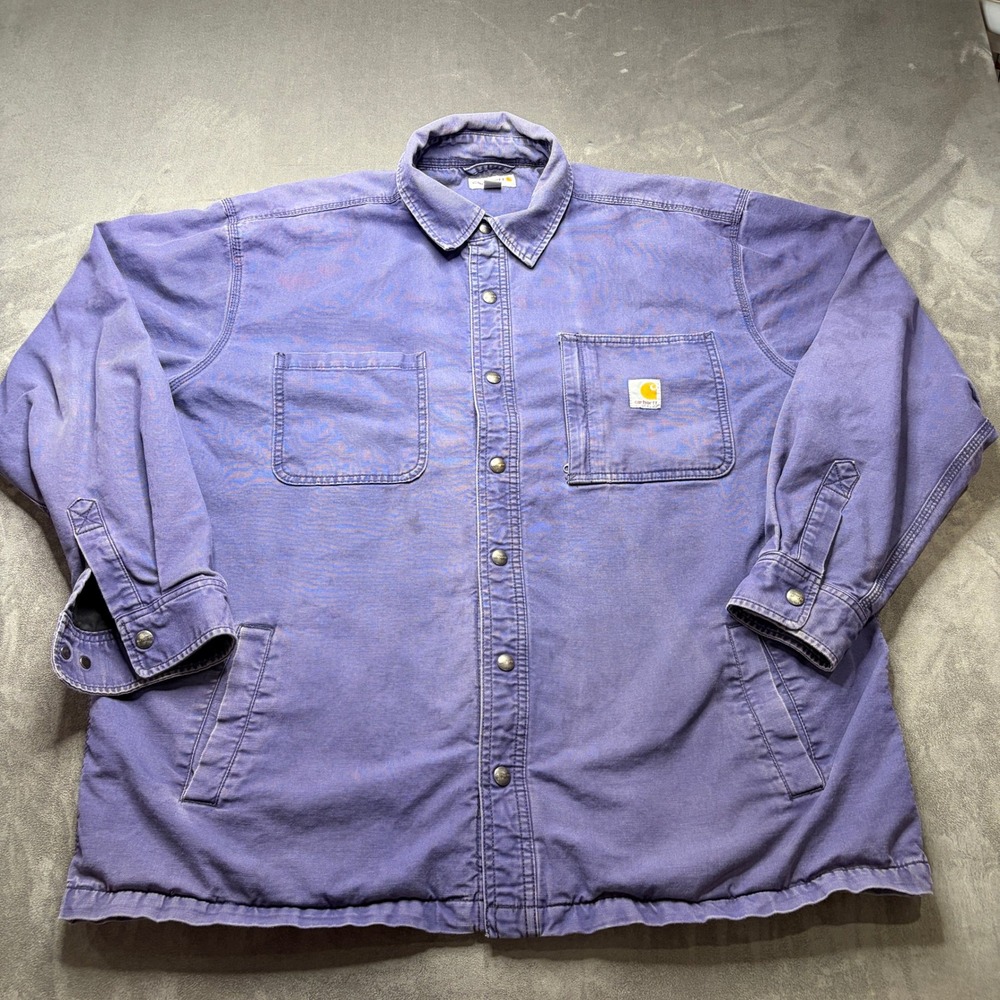 Carhartt Shirt Jacket Mens XL Blue Blanket Lined Button Snap Workwear Distressed